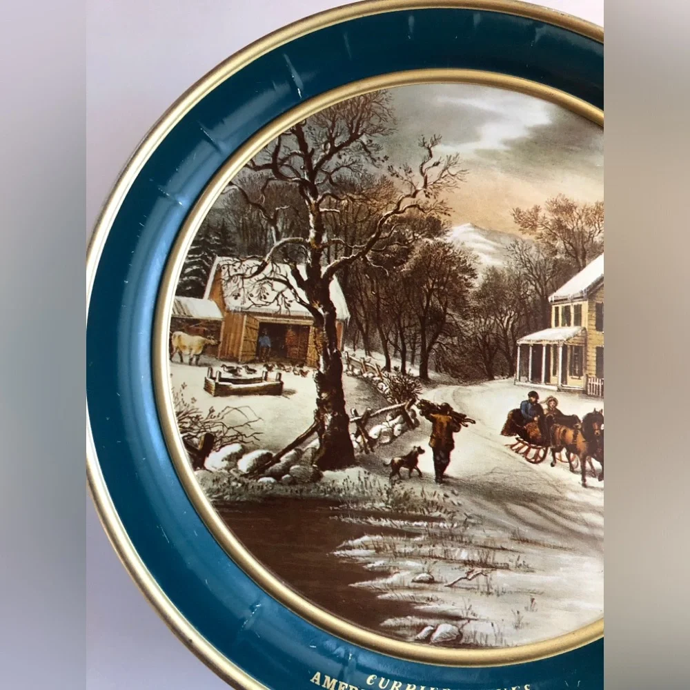 Currier & Ives 'American Homestead Winter' Decorative tin - Teal & Gold